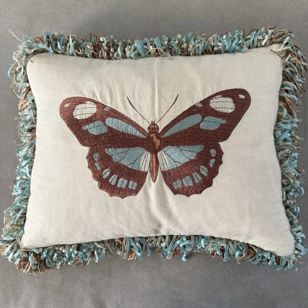 Decorative Butterfly Accent Throw Pillow 14x17 Fringe Trim Cottage Style
